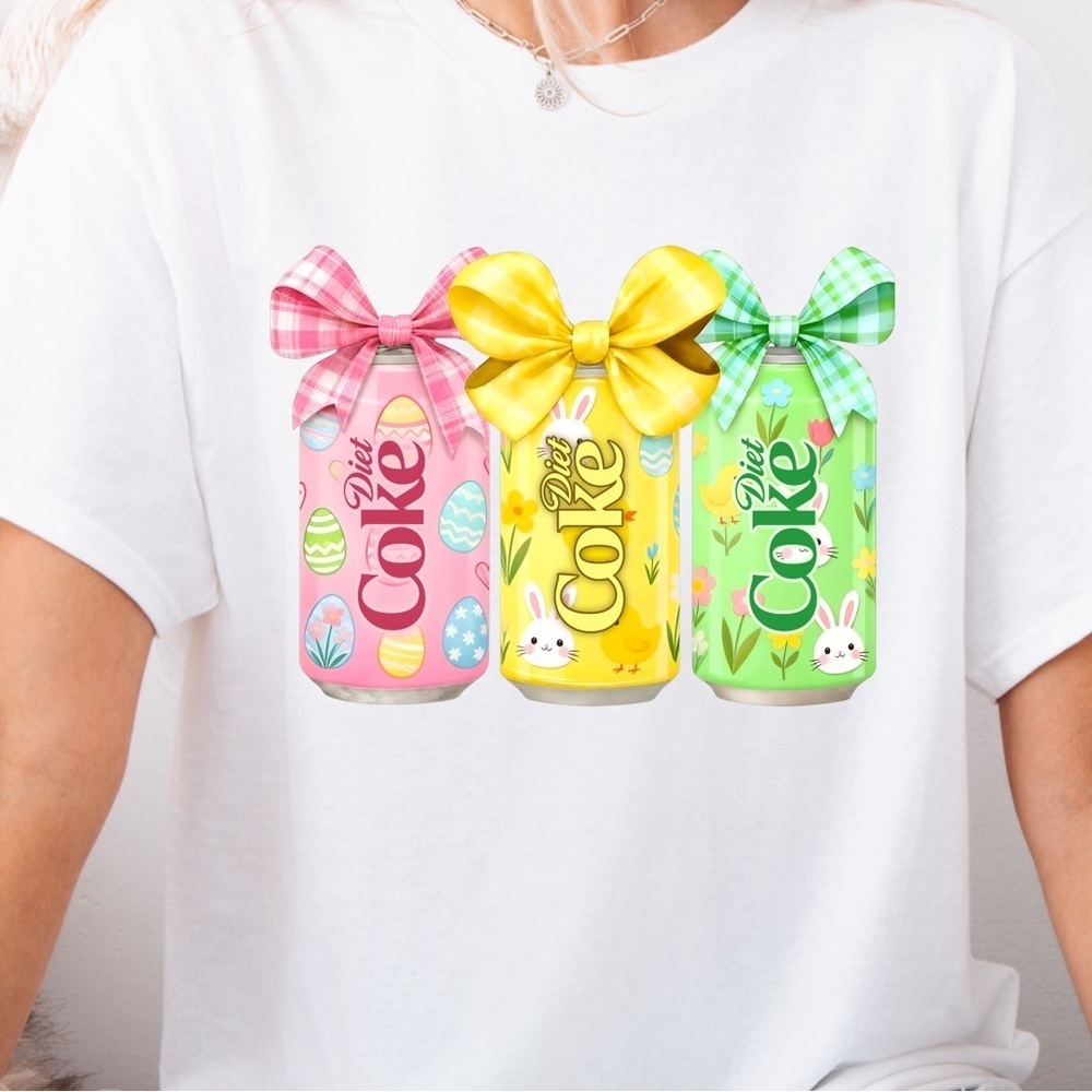 Cute Easter Diet Coke Graphic Tee Pastel Soda Bow Spring Shirt - Picture 3 of 4
